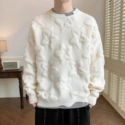 Autumn Winter Pullover Sweater Men Round Collar Loose Teenagers Knitwear Warm Solid Warm Soft Flower Star Print