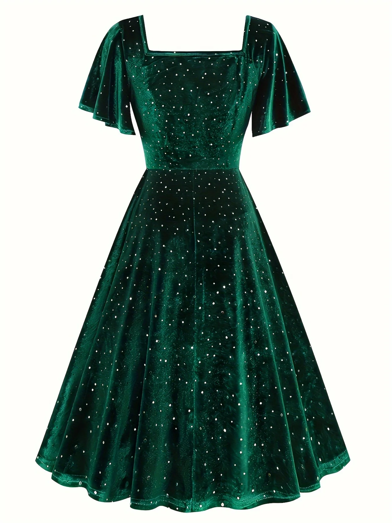 Elegant Vintage Sequin Flutter Sleeve Square Neck Cocktail Dress for Women - Perfect for Halloween & Christmas Parties, Machine