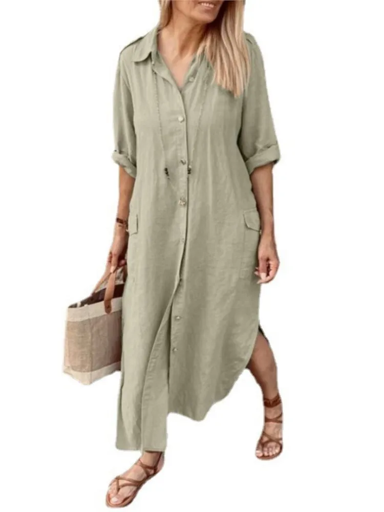 カジュアルシンプルスタイル無地シャツワンピース春夏ファッションフリップカラーシングルボタンカーディガンワンピースレディースゆったりワンピース