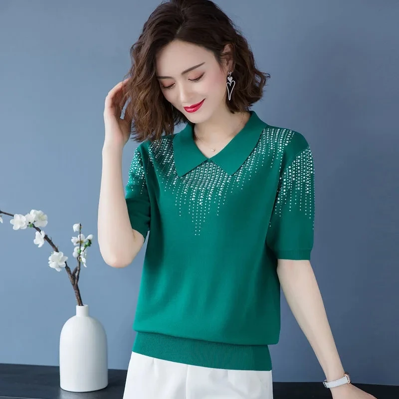 

Ice Silk Short-Sleeved V-Neck Knitted Top Thin Summer T-Shirt Diamond Lapel Tees Casual Solid Color Pullove Sweater Women