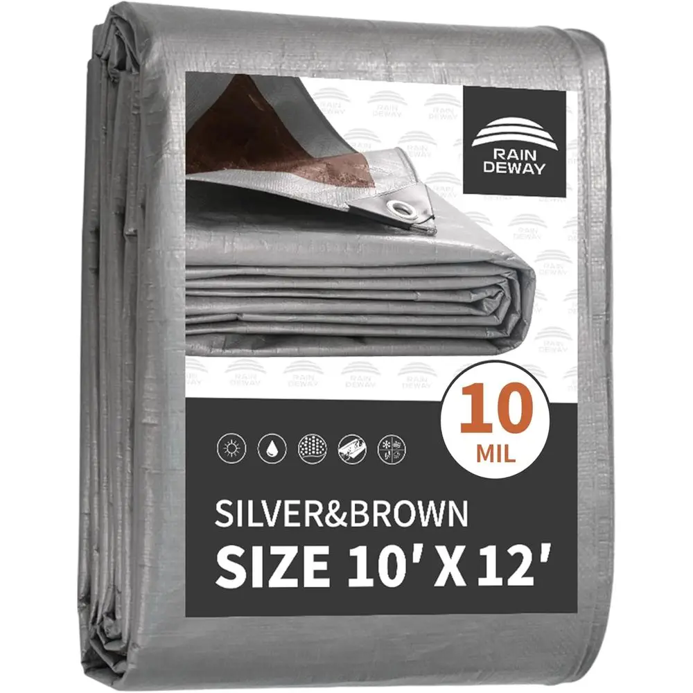 

Tarps Heavy Duty Waterproo 10x12 eet,10Mil Thick Multipose Poly Tarp Cover with Metal Grommets and Reinorced Edges,Silver/Brown