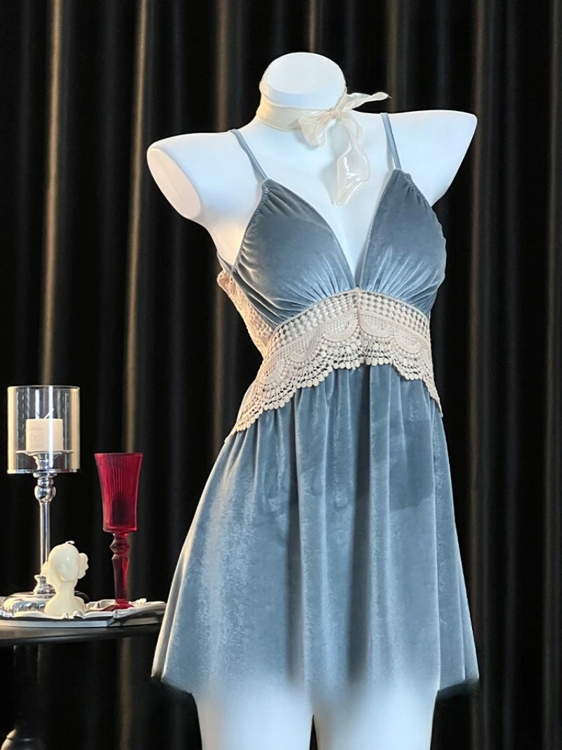 

French Velvet Halter Nightgown for Women,Sexy Backless Cinched Waist Pajama,Elegant Mature Sleepwear,Luxury Homewear Lingerie