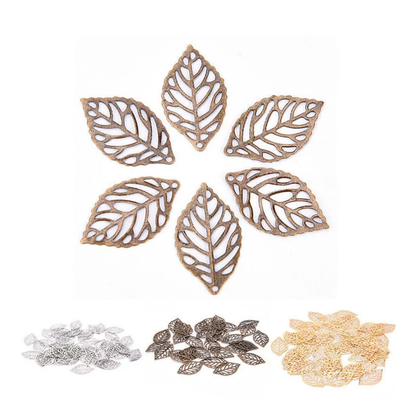 50 sztuk/zestaw 23mm * 13mm złoty srebrny drążony stop liście wisiorek akcesoria do wyrobu biżuterii DIY Craft