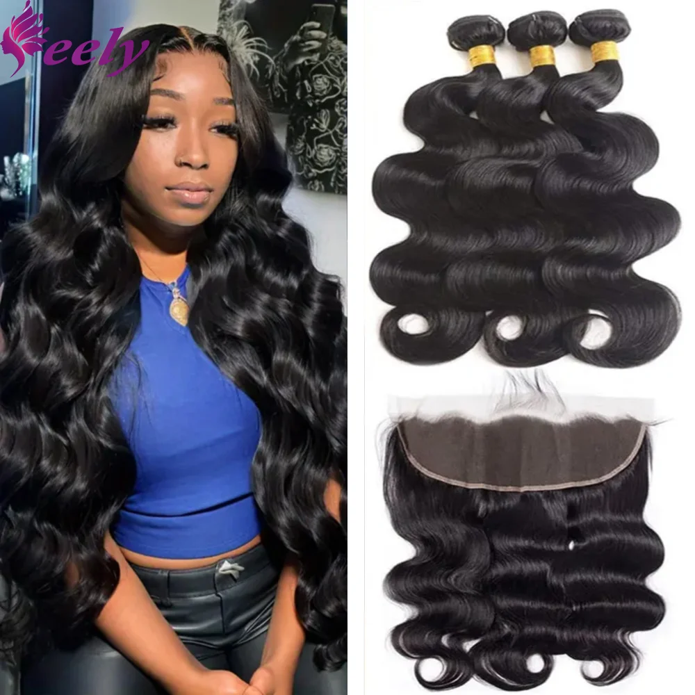 Bundles brésiliens de cheveux humains Body Wave avec fermeture, dentelle 13x4, 100% non transformés, extension de cheveux humains