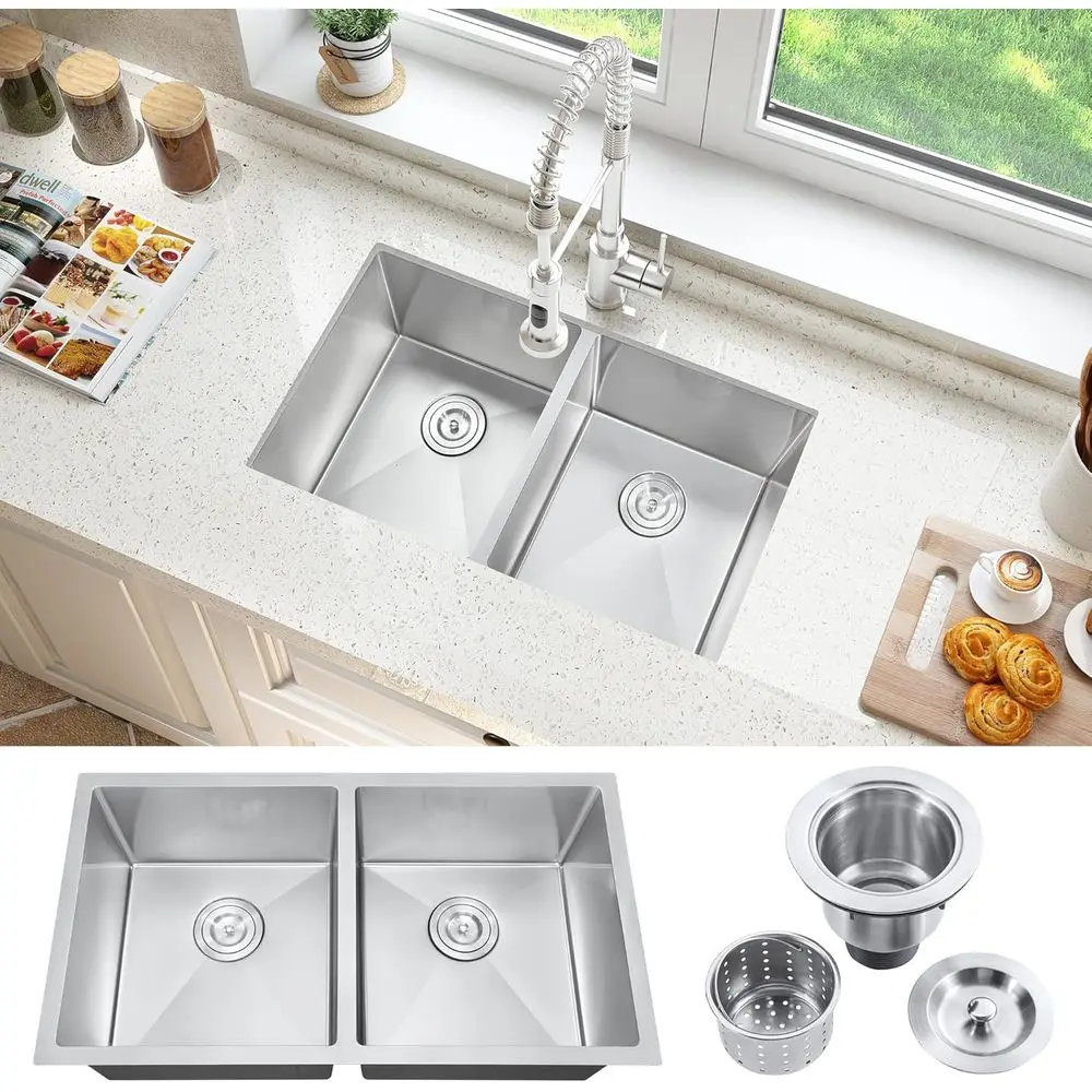 

32 Inch Undermount Stainless Steel Double Bowl Kitchen Sink with Nano Coating