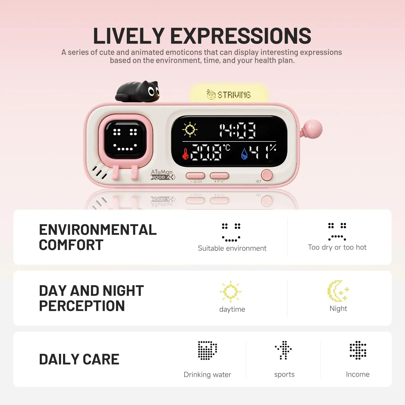 

ATuMan Mooda Smart Thermometer Hygrometer Clock with Retro Pixel Display, Cute Animated Expressions Temperature Humidity Monitor
