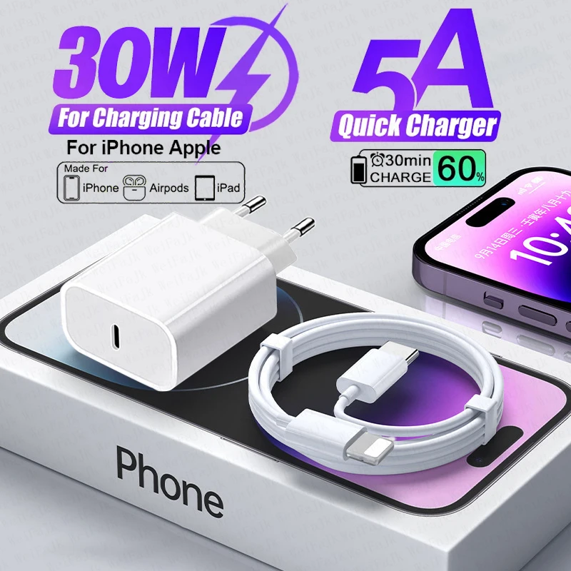 For Apple Original 30W Quick Charger For iPhone 11 13 12 14 15 16 Pro Max Mini XR XS Plus iPad Fast Charging Type C iPhone Cable