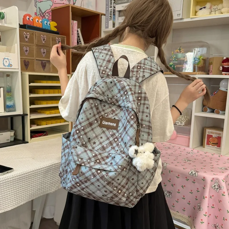 Star-print Checkered Nylon Backpack Teenage Students School Bags Girls Cute Daypack Street Y2K Backpack Casual Travel Rucksack