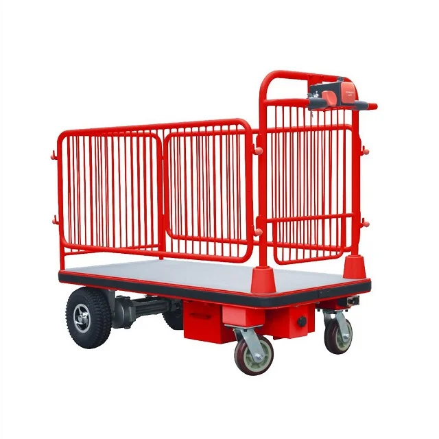 

Portable Four Wheel Battery Operated Flattop Truck Electric Hand Trolley Platform Trolley Cart with Fence for Material Handling