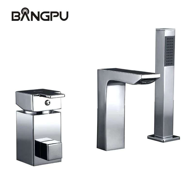 

Deck Mounted Three Hole Bath Tub Faucet Kit with Hand Shower Modern Bathroom Bathtub Faucet Set with Handheld Shower Chrome