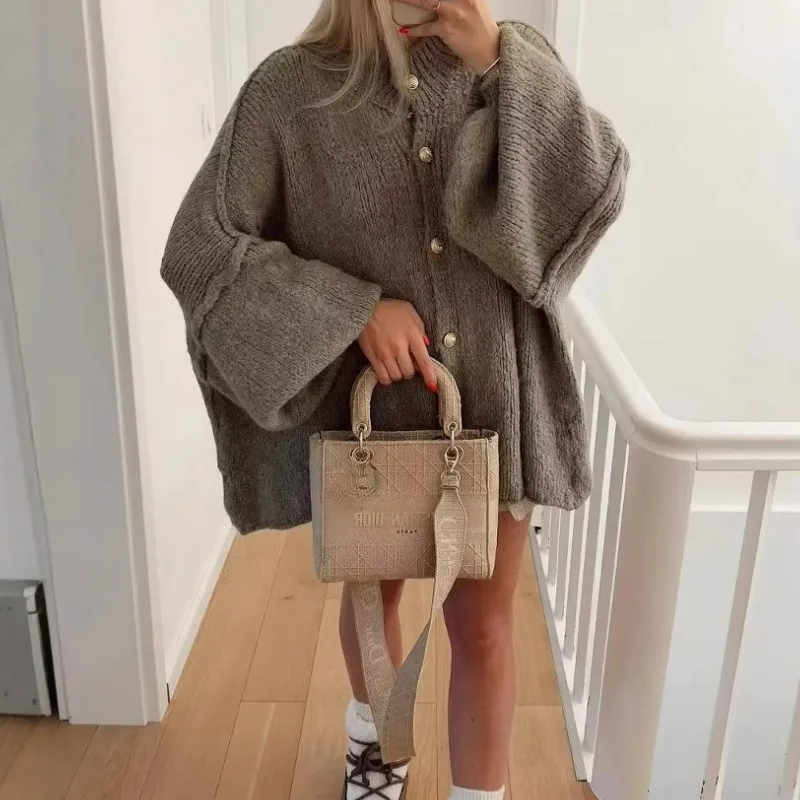 

Lantern Sleeve Metal Button Cardigan Sweater