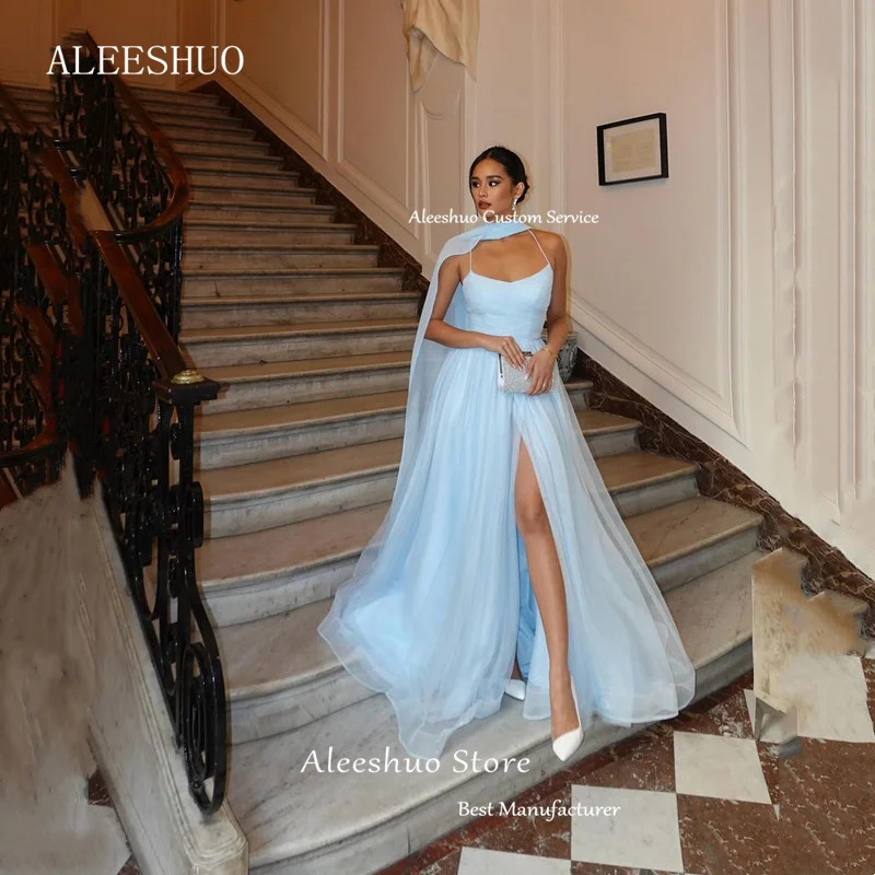 Aleeshuo-elegante Vestido De noche azul cielo con tirantes finos, corte en A, abertura lateral alta, ocasiones formales, 2024