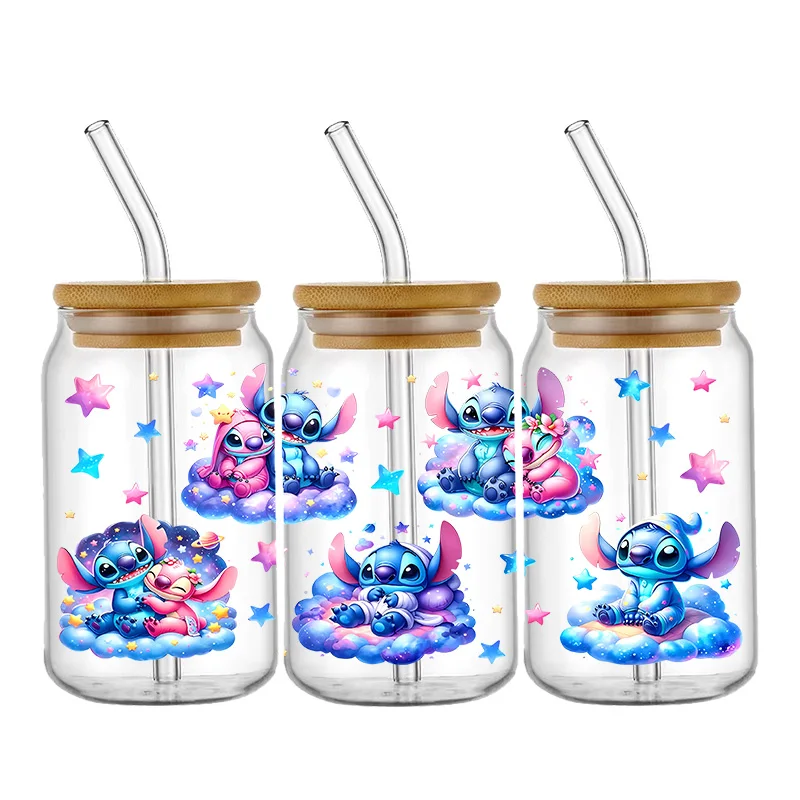 Stitch And Lilo UV DTF Cup Wrap 16oz Libbey Glass Can DIY Sticker Selfadhesive Washable Transfer Stickers Durable Glass Decals
