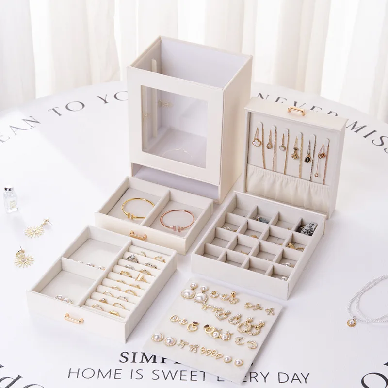 Drawer Jewelry Box Large Capacity Jewelry Storage Boxes Leather Necklace Hanging Organizer Box Luxury Ring Earring Storage Boxes