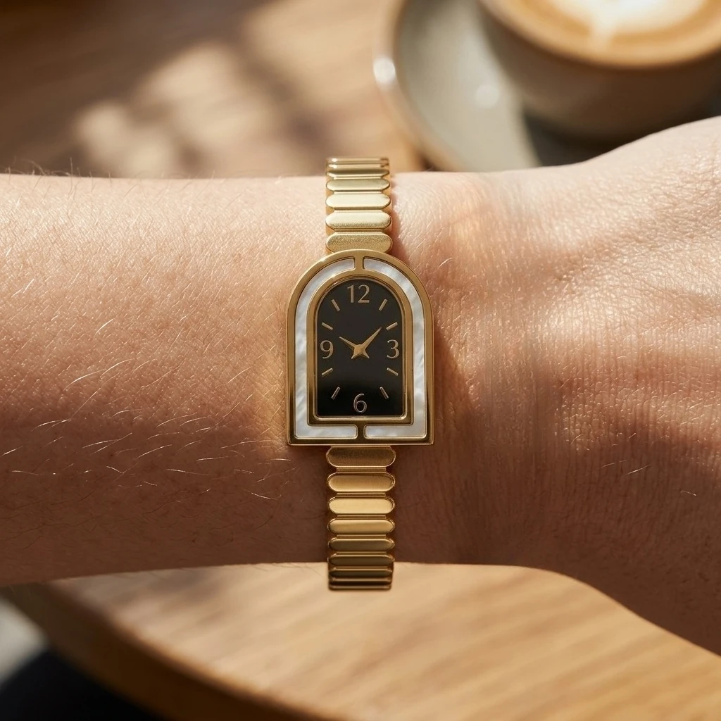 JP One Gold Color Watch Design Bangle, Stainless Steel Bracelet for Women, Fashion Jewelry Gift 60mm Diameter Openable