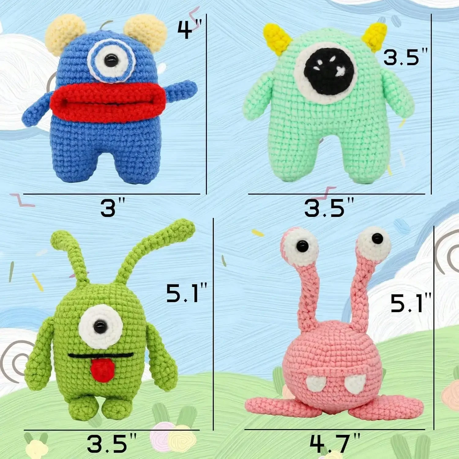 4PCS Zestaw do szydełkowania, Zestaw do szydełkowania potworów dla początkujących, Zestaw do szydełkowania Starter Brelok do kluczy Monsters Plushes