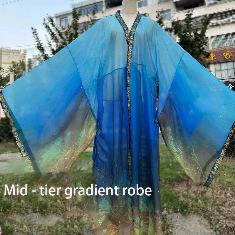 رداء هانفو الصيني للرجال متدرج مطرز طباعة ثوب أزرق مرحلة الأداء كرنفال تأثيري حلي للنساء