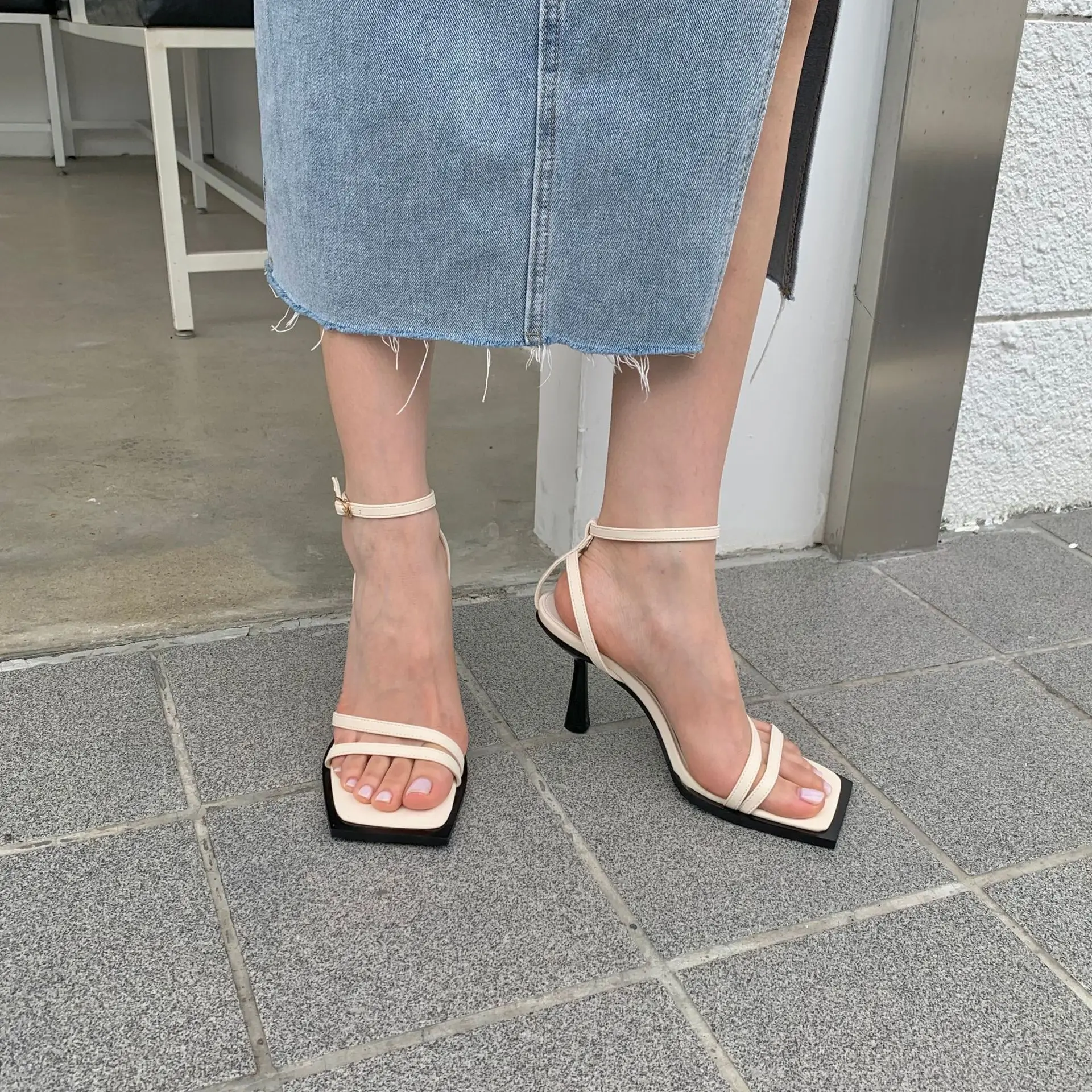 Sandals for Women High Heels Women\'s Slim Stripes Open Toe Shoes Elegant Ladies 2023 Summer New Square Toe Sandalias