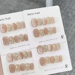 24pcs Summer Short Presss on Nails Cheap Minimalist Press Nails Glossy Rhinestone Decorated False Nail Removable Rounded Solid