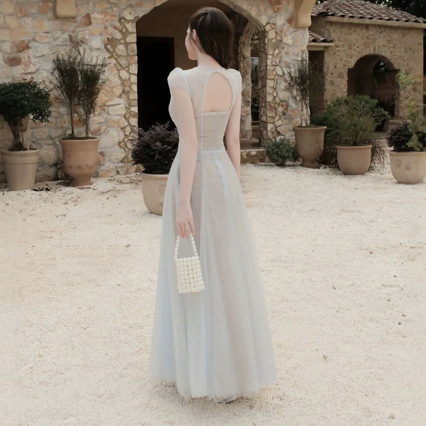 Sweet Memory Apricot Blue Evening Dresses Mesh Tulle Puff Sleeve Deep V-neck High Waist Dress Cocktail Prom Graduation Gowns