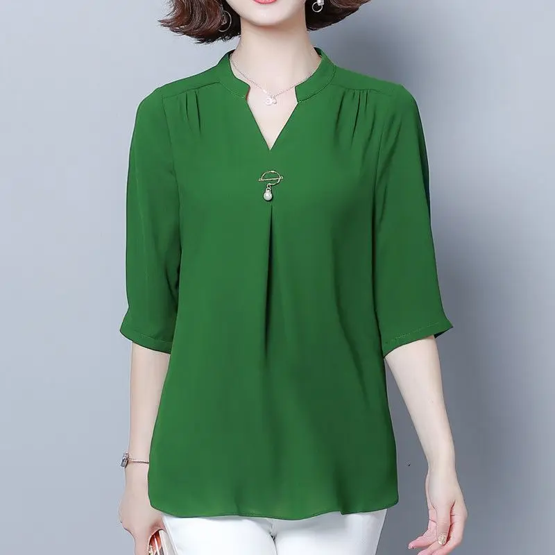 Summer Loose Simplicity Solid Color Chiffon T-shirt Women\'s Clothing Fashion All-match V-Neck Spliced 3/4 Sleeve Tops Female