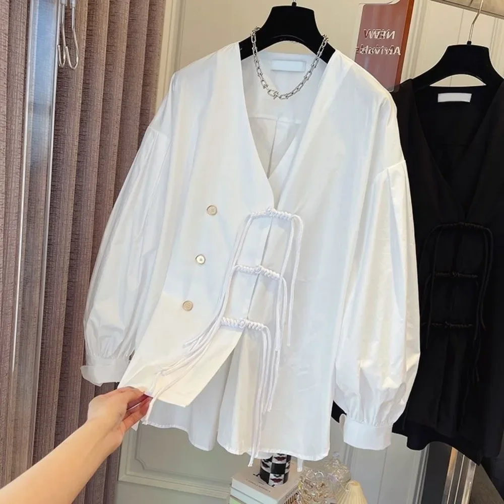 Long Sleeve Shirts Women Chinese Vintage Tassel Buckle V-neck Solid Baggy Tops Graceful Casual High Street Female Camisa Ins