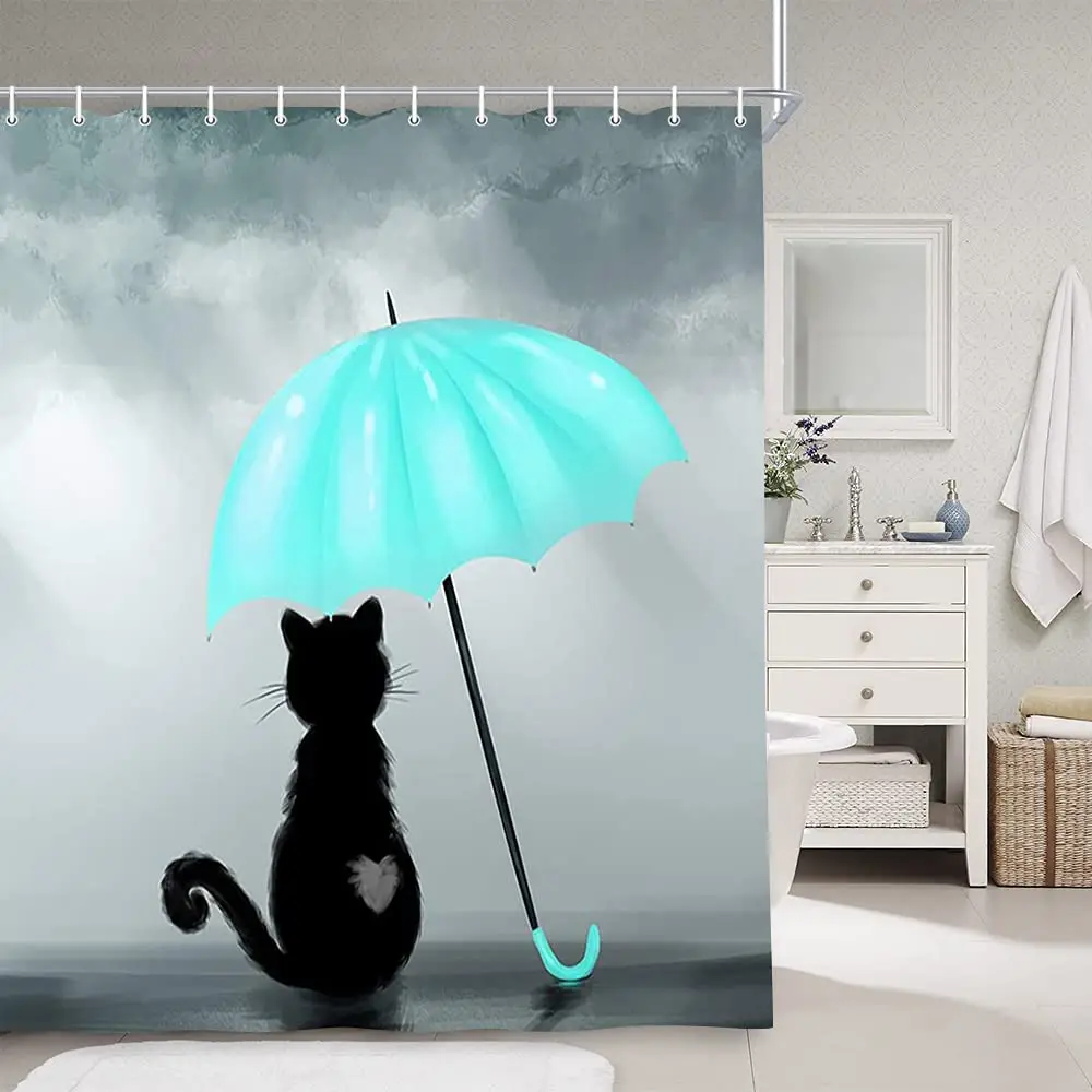 Asian Style Traditional Japanese Ink Painting Shower Curtain,Black Cat Watching Dragonflies on Vintage Fabric Bathroom Curtains