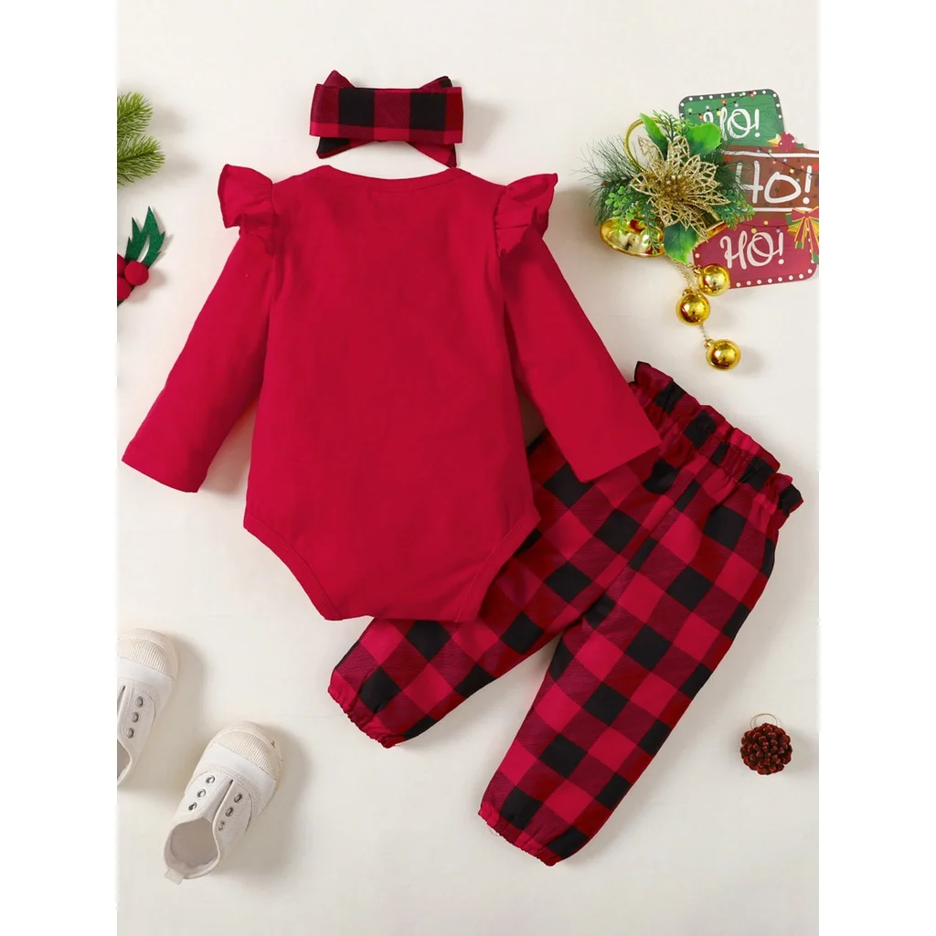 Baby Girl Christmas 3Pcs Outfit Sweet Cute Ruffle Bodysuit Plaid Pants Bow Headband for 0-18 Months Infant Xmas Clothing Set 2