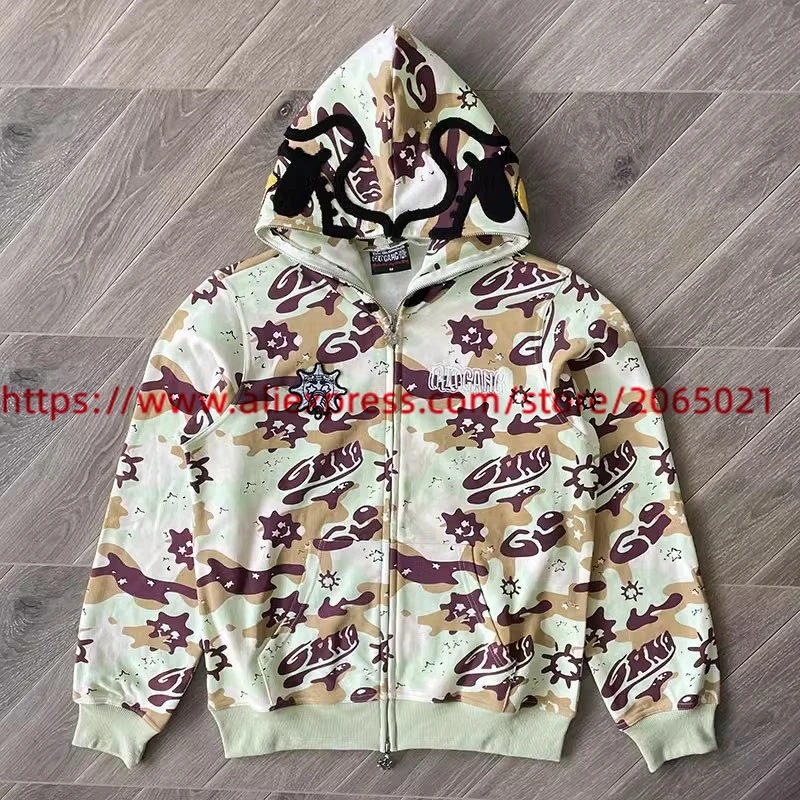 Green Camouflage Glo Gang The Glory Full Zip Cardigan Hoodie Men Women High Quality Vintage Oversized Hooded