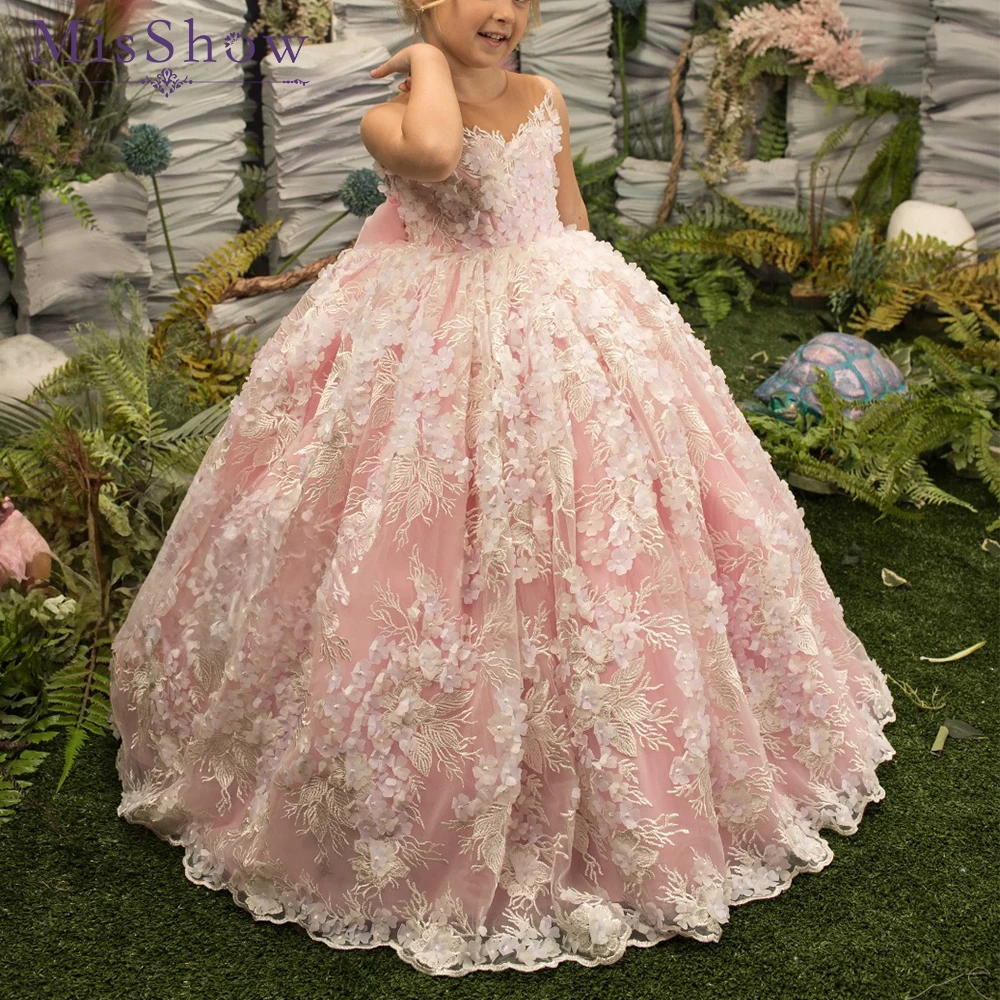 

MisShow Customized Embellished Flower Girl Dress - Floral Lace & Tulle Skirt with Back Bow for Enchanted Weddings/Pageants