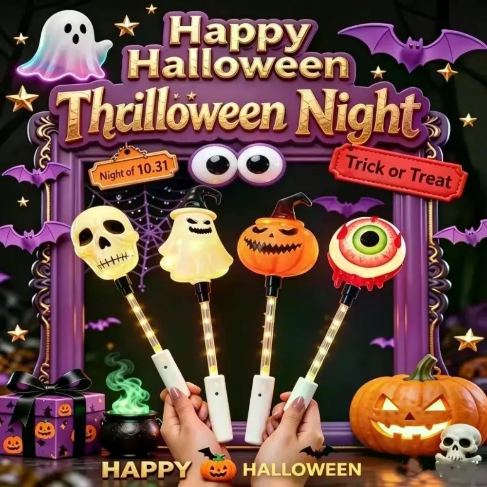 Pumpkin LED Glow Wands Cartoon Designs Flashing Lights Light Up Wand Portable Light 3 Lighting Modes Halloween Wands