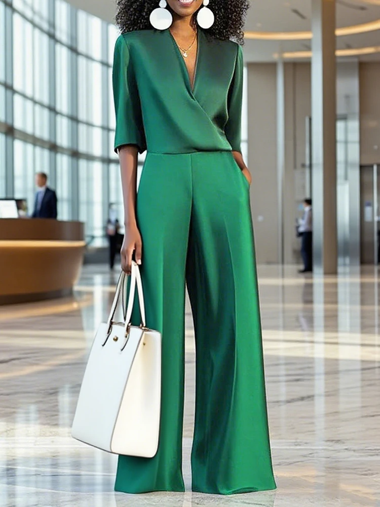 Beautyblue 2025ฤดูใบไม้ร่วงผู้หญิงElegant Jumpsuit Luxury Casual Jumpsuitใหม่หลวมVคอกระเป๋าแฟชั่นสีเขียวOneชิ้นชุด