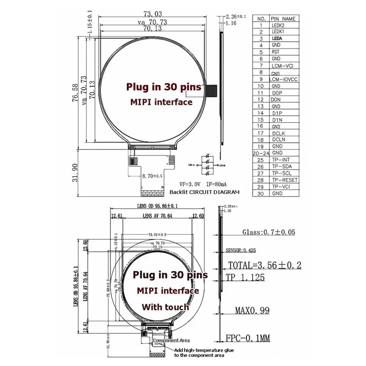 A85P 2.8 Inch Circular TFT LCD Display Module HD IPS 480 480 30PIN Capacitive Touch ST7701 MIPI RGB Interface