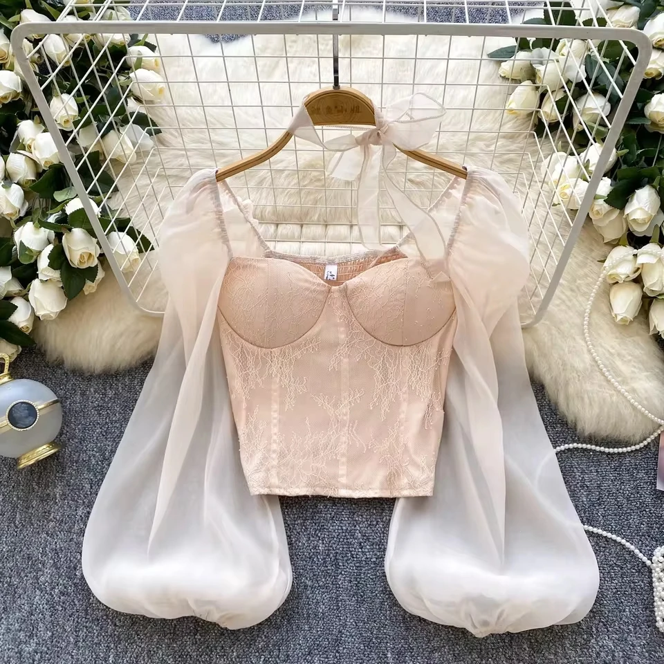 Women puff sleeve lace Long Sleeves Embroidered Halter Chiffon Blouse Slim Elegant French Fashion Top Sexy Spring Shirt