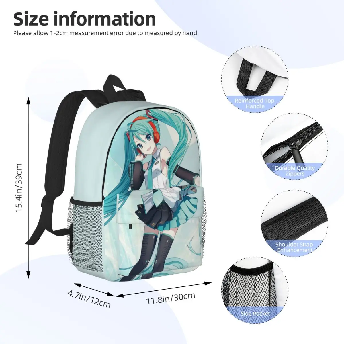 Hatsune Miku para meninas meninos mochila de estudante de grande capacidade mochila leve à prova d'água de 15 polegadas