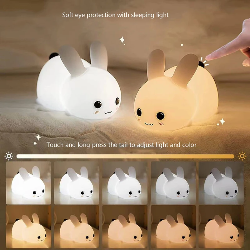 Imagem -04 - Silicone Jade Coelho Led Night Light Carregamento Usb Dual Tone Estúpido Coelho Bonito Patting Sono das Crianças