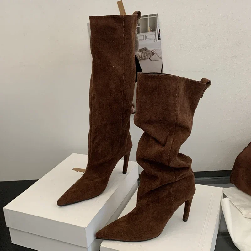 

Women's Suede Ruched Pointed Toe Pull-On Knee High Boots, Stiletto Heel Elegant Fall Winter Casual Party Footwear, Drop Shipping
