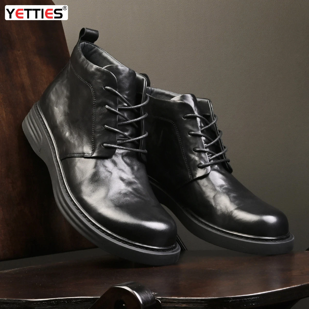 

Men's Genuine Leather Ankle Boots, Soft Sole Comfort Lace-Up Casual Shoes, Round Toe Mid Top Flat Boots for Men
