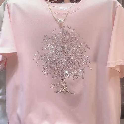 Imagen 2 del producto 2025 Camisetas con estampado de diamantes y cuello redondo para mujer, novedad de verano, camisetas informales de manga corta holgadas de algodón liso a la moda para ir al trabajo