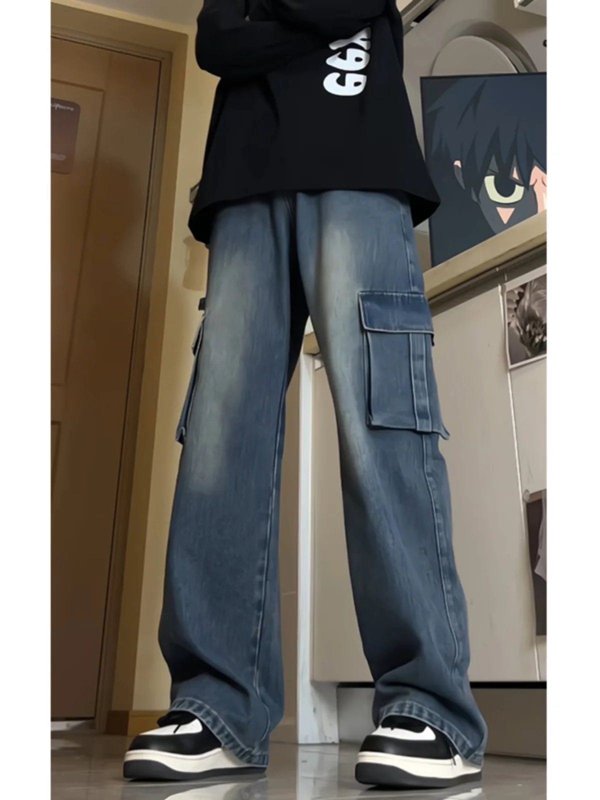 

American Style Workwear Jeans Men's Autumn Fashion Brand Large Pocket Design Loose Straight Leg High Street Wide Leg Pants