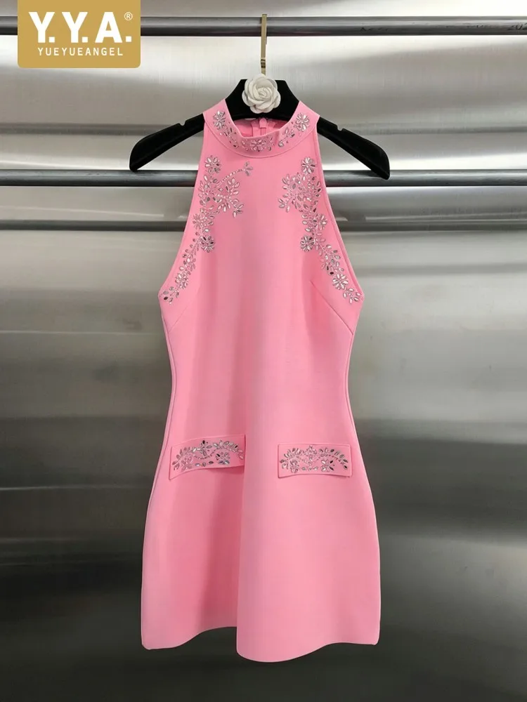 Women Banquet Sleeveless Halter Pink Dress Slim Fit Sexy Rhinestone Elasitc A Line Dresses Ladies Fashion Elegant Short Dress