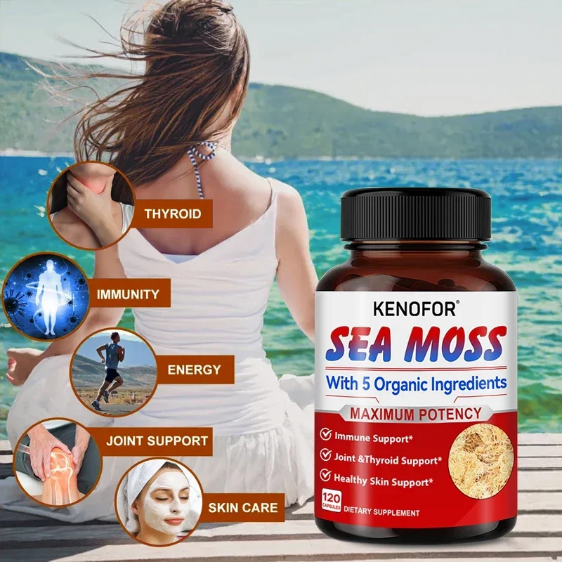 Organic Sea Moss with Ashwagandha & Burdock Capsules - Superfoods for Immune and Digestive Health - Thyroid, Skin, Gut, Joints