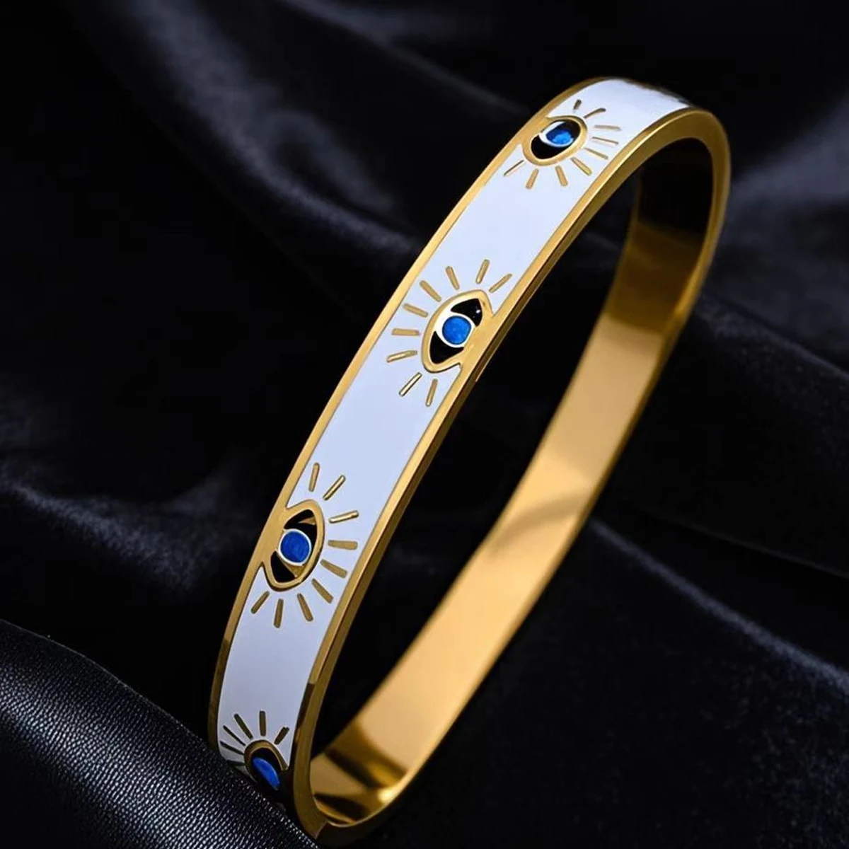 Trendy 316L Stainless Steel Evil Eye Bracelet for Women Charm White Enamel Wrist Waterproof Bangle Multi Epoxy Turquoise Bangle