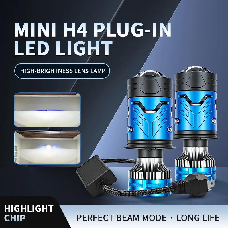 H4 Bi‑Mini LED Projector Lens Car Headlight Bulb, 120W 6000K 12V, Turbo Fan LED Lamp, Plug and Play, High Low Beam for Car & Mot