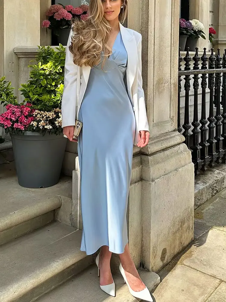 Elegancka letnia sukienka midi z satyny o jedwabnym wykończeniu dla kobiet, krótkie rękawy, dekolt w serek, gładka, plisowana, wiosenna, modna, dopasowana sukienka.