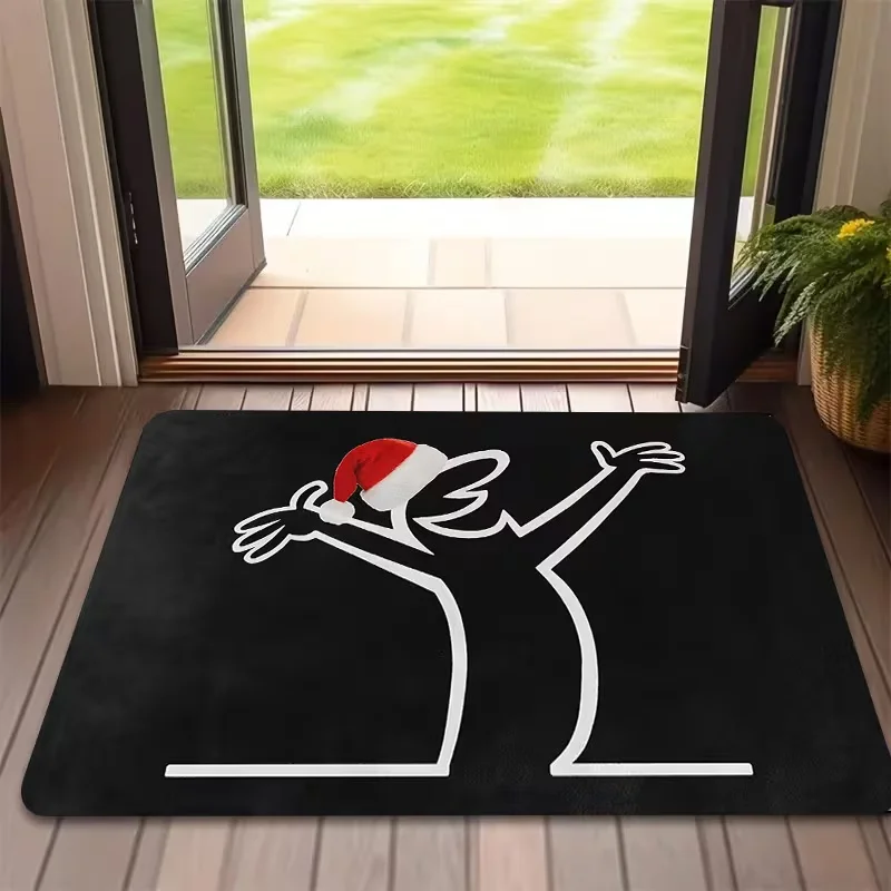Black Santa Figure Christmas Doormat with White Outline and Red Hat Modern Floor Mat for Holiday Home Entryway Decor Festive