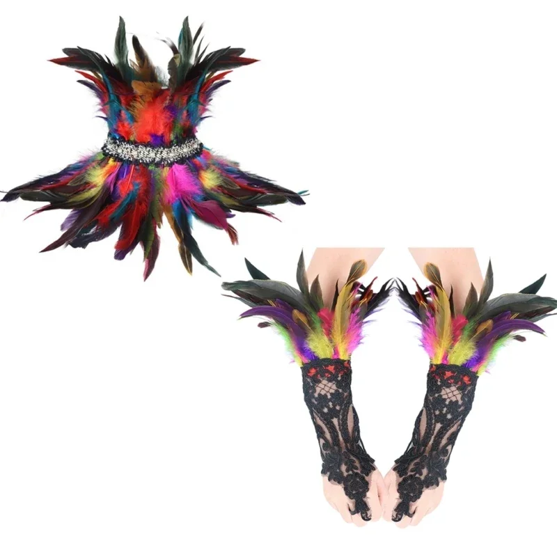 

Unisex Gothic Colorful Feathered Cape Shawl Shrug with Wrist Cuffs Gloves for Masquerades Parties and Halloween Event