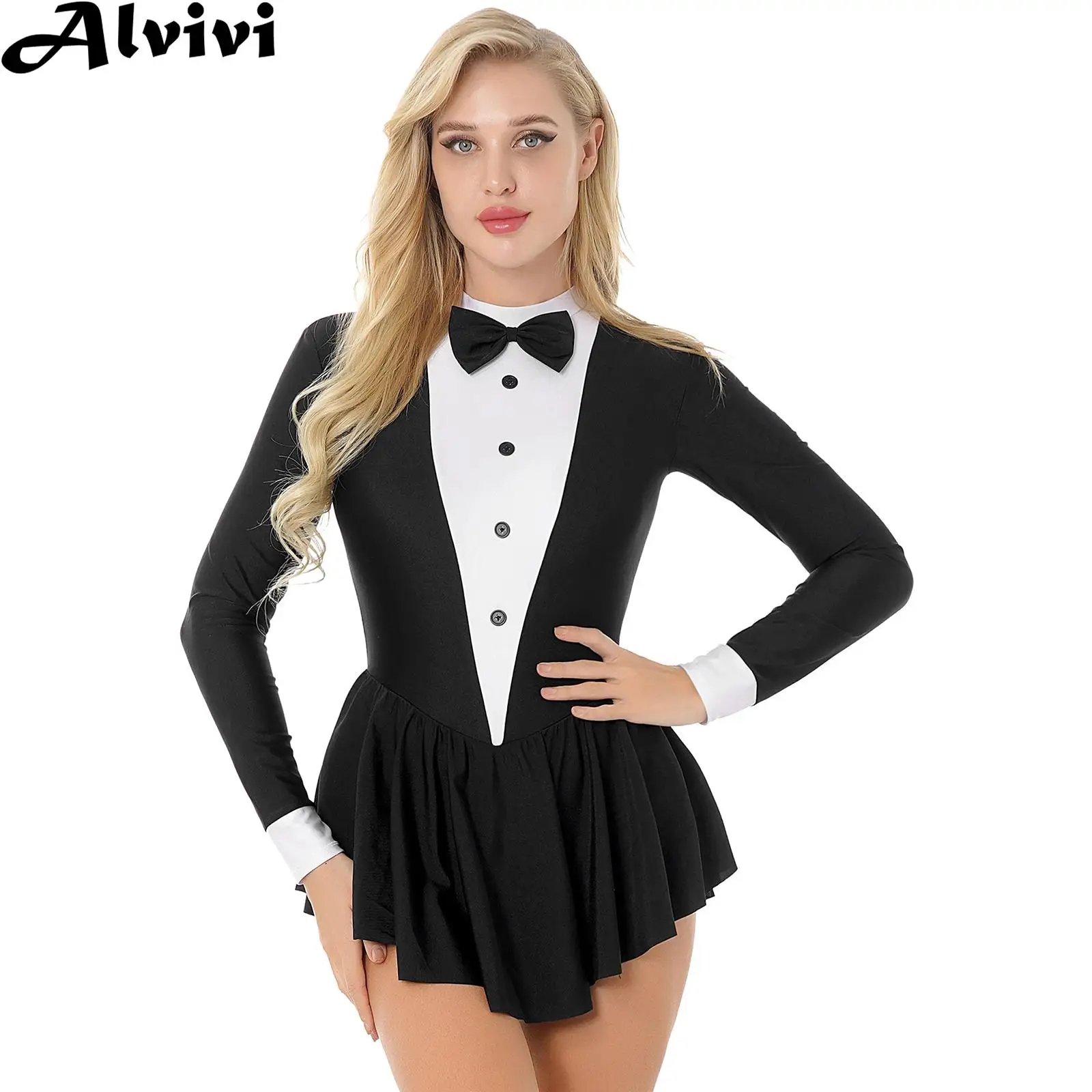 Women Long Sleeve Ballroom Latin Dance Dress Bowknot Ruffle Tuxedo Leotard Dresses Waitress Cosplay Costume Dancewear Clubwear