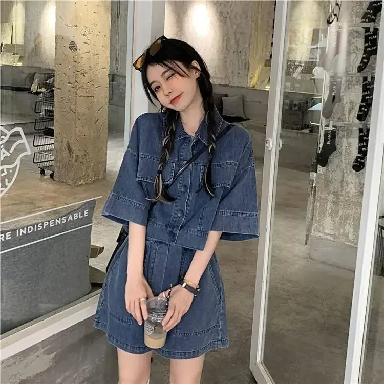 Vintage Matching Sets Turn Down Collar Three Quarter Sleeve Top High Waist Pockets Shorts Solid Color Summer Denim Two Piece Set