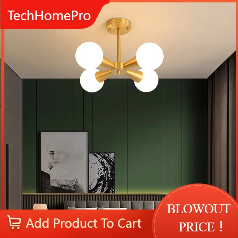 TechHPNordic Glass Ball Led Copper Pendant Lamp Luxury Indoor Lighting Living Room Magic Bean